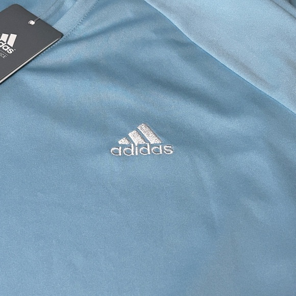 Adidas 3 Stripe Fitness Top Shirt Pullover V-Neck Baby Blue Yoga Gym Active Wear - Picture 9 of 12